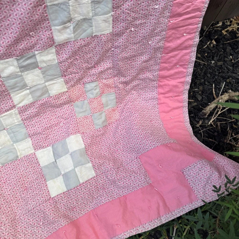 Vintage Handmade Patchwork Quilt Pink Floral Nine Patch Cottagecore Cutter 84x88